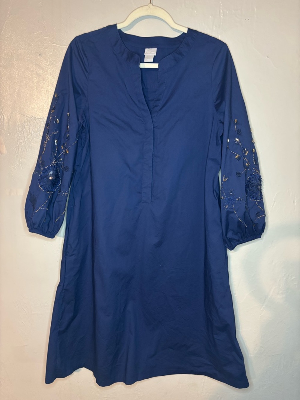 Chicos Floral Embroidery with sequins Sleeve Navy Tunic Dress  Size 1